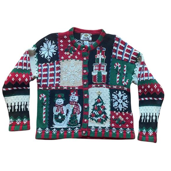 Vintage Christmas Tiara Cardigan Chunky Ugly Sweater XL Snowman Tree Cabincore - Picture 1 of 10
